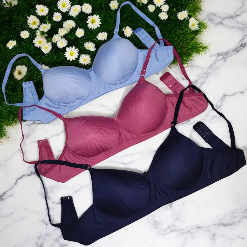 Lightly Padded Seamless Bra Set( Pack of 3)- Sea Blue, Magenta, Navy Blue