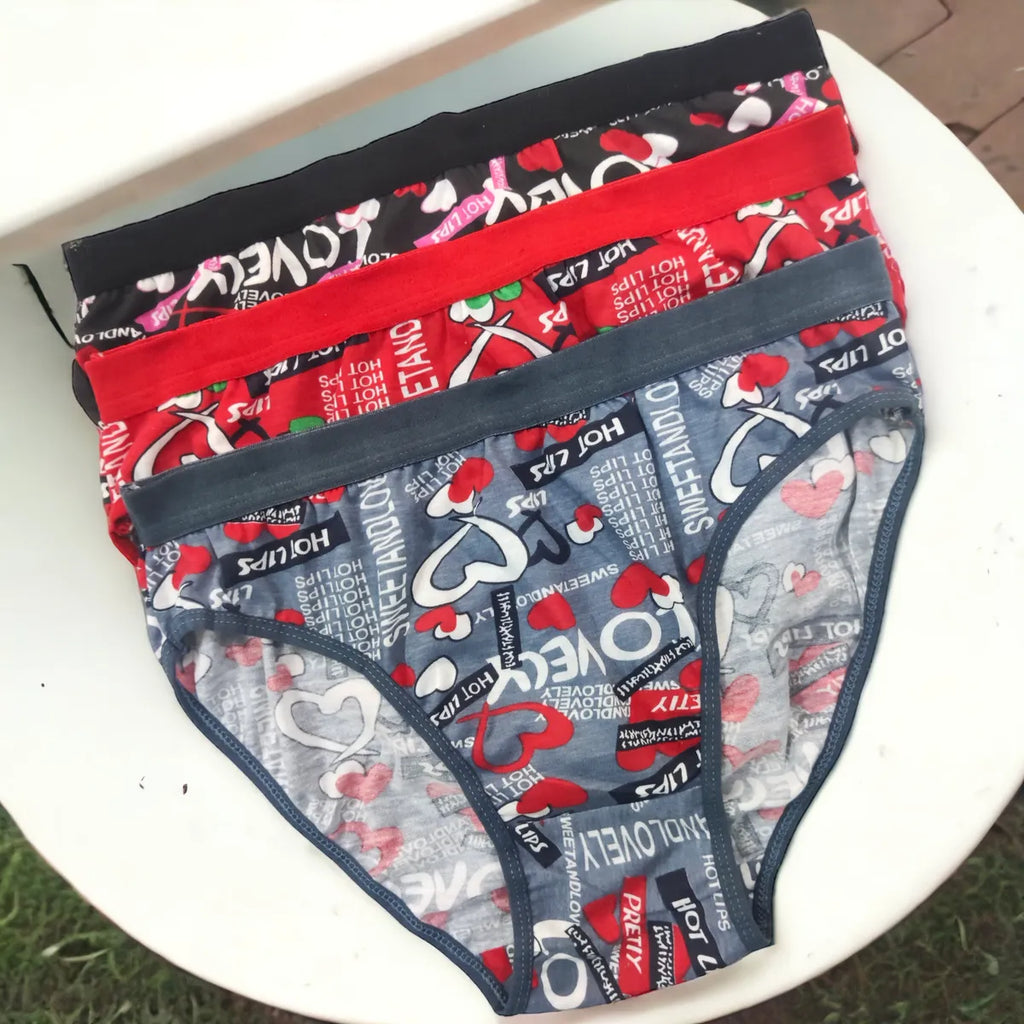 Women's Love Print Cotton Blend Panty- Pack of 3(Black,Red, grey) Soft, Stylish, Comfortable for daily wear