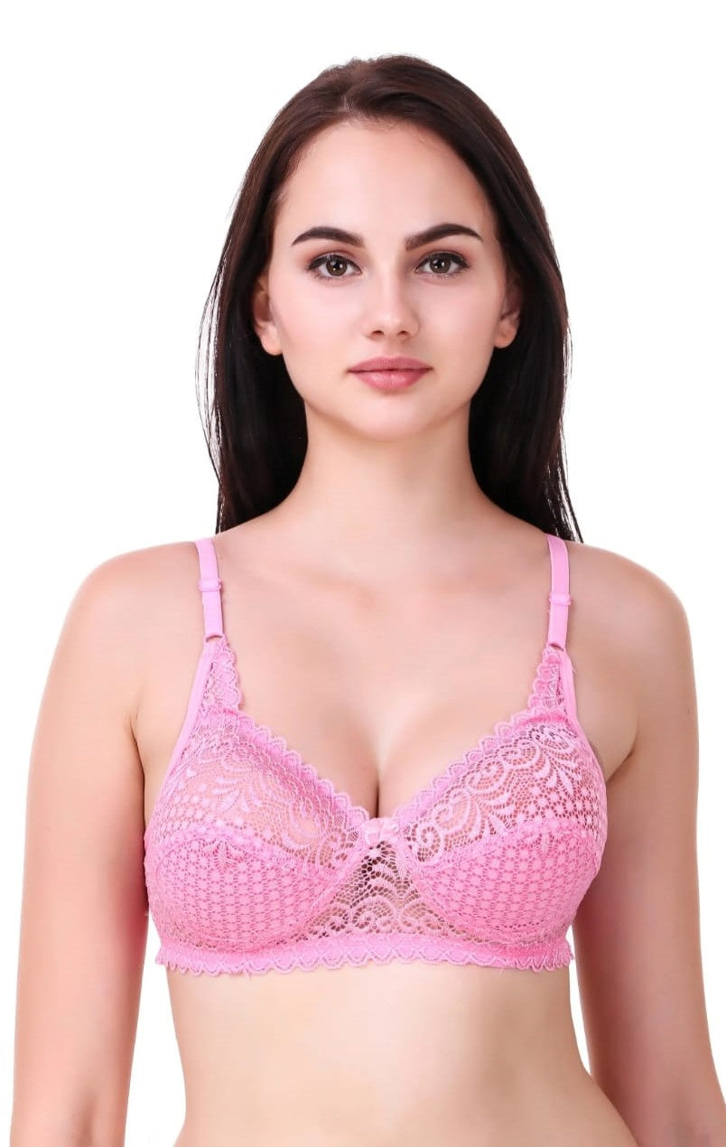 Premium Pink Lace Bralette for Women Non Padded Wireless Bra in Blush Rose Color