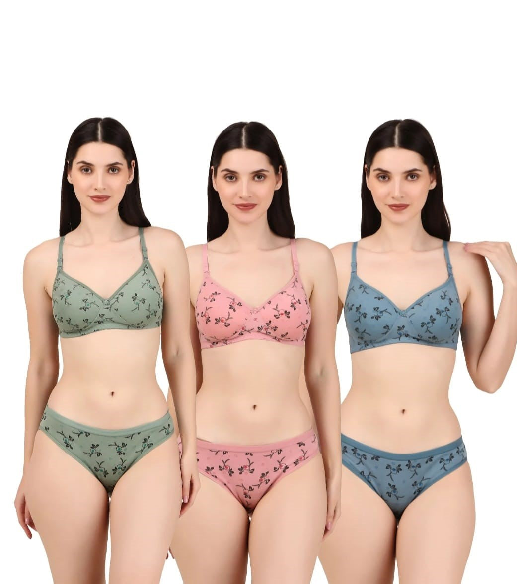 Premium Printed Padded Bra and Panty Set Pack of 3 Matching Lingerie Sets for Women