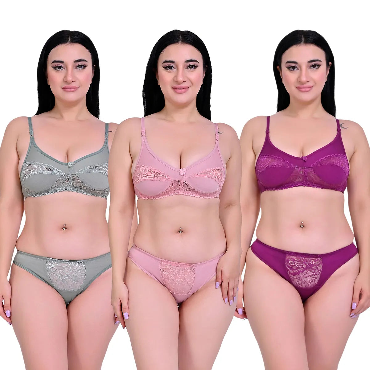 Premium Solid Non Padded Bra & Panty Lingerie Set For Women Pack of 3