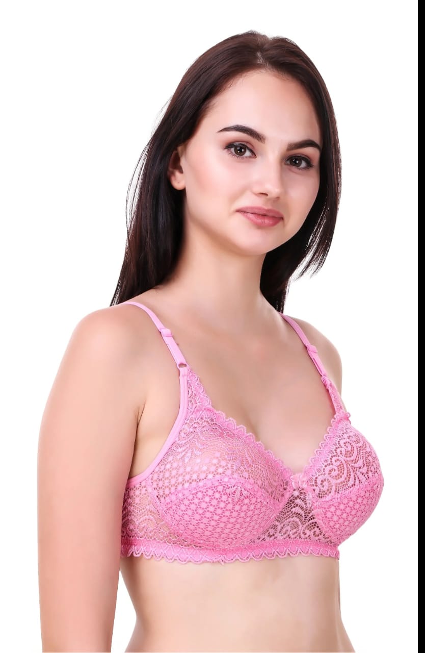 Premium Pink Lace Bralette for Women Non Padded Wireless Bra in Blush Rose Color