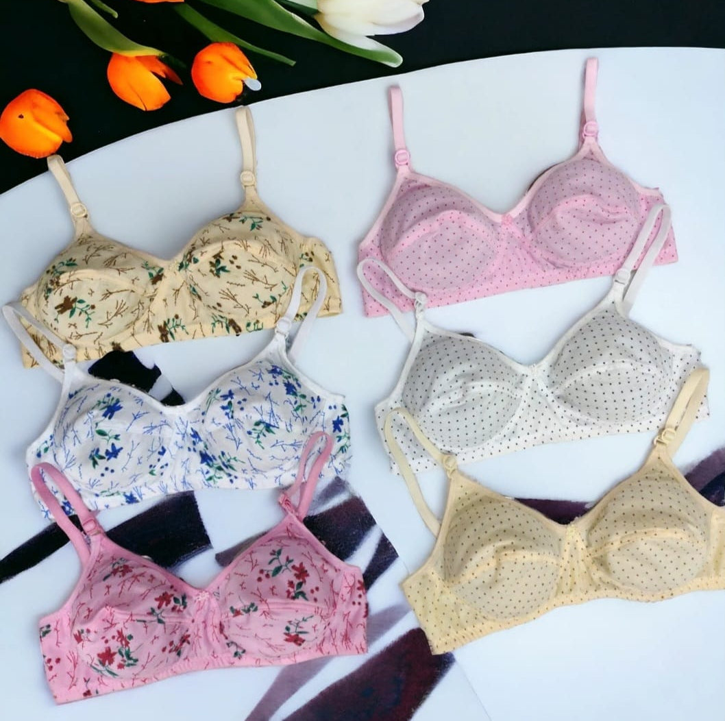 Non Padded Bra Pack of 6 Printed Everyday Bras in Skin, Pink & White Colors for Women